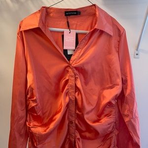 NWT pretty little thing orange satin-y button up